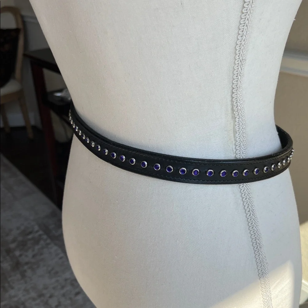 Black Leather Belt with Cobalt  Blue Accents Rhinestone Silver Tone Size 28